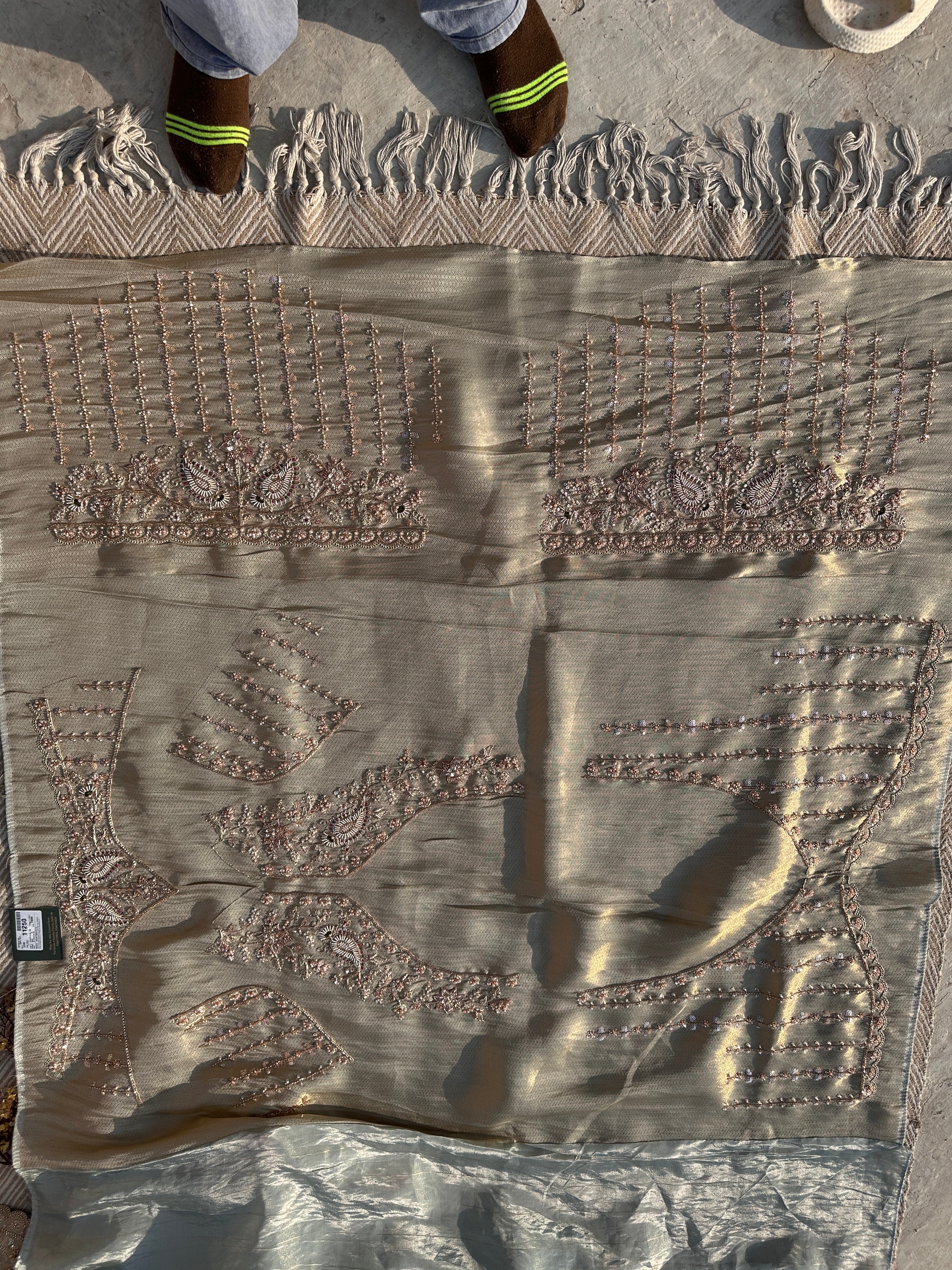 Sky Green Jacquard Saree with Tissue Unstitched Blouse with Cutdana, Sequins, Thread, Dabka and Moti Embroidery 9